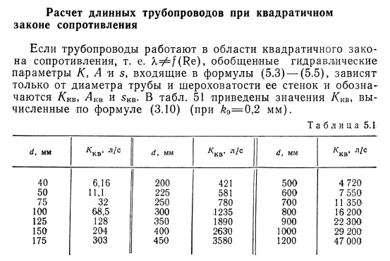 Расчет  длинных  трубопроводов  при  квадратичном законе  сопротивления