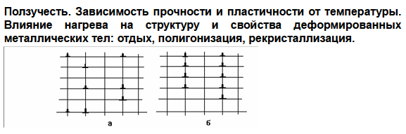 Ползучесть. Зависимость прочности и пластичности от температуры. 
Влияние нагрева на структуру и свойства деформированных металлических тел: отдых, полигонизация, рекристаллизация.  