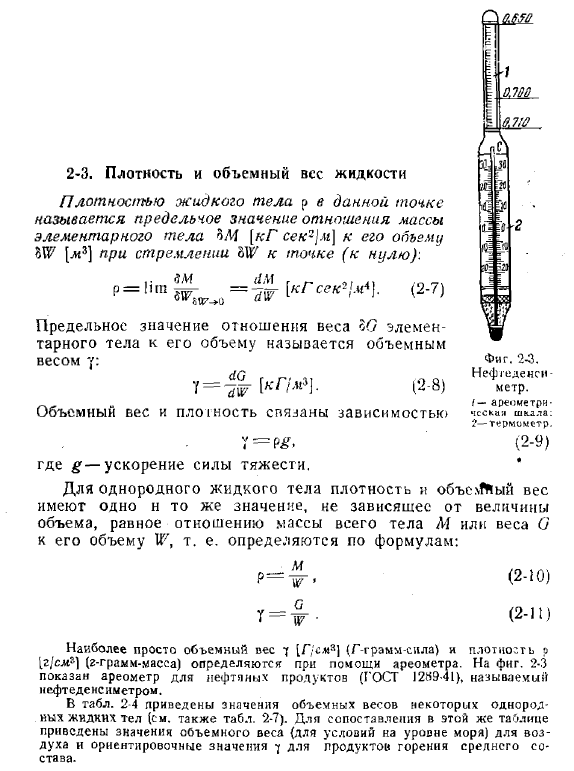 Плотность и объемный вес жидкости.