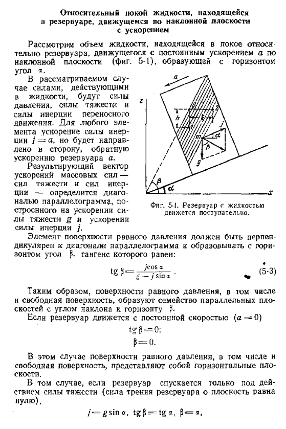 Относительный покой жидкости, находящейся в резервуаре, движущемся по наклонной плоскости с ускорением