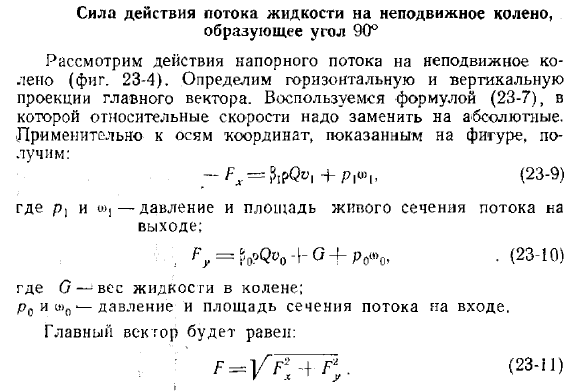 Сила действия потока жидкости на неподвижное колено, образующее угол 90