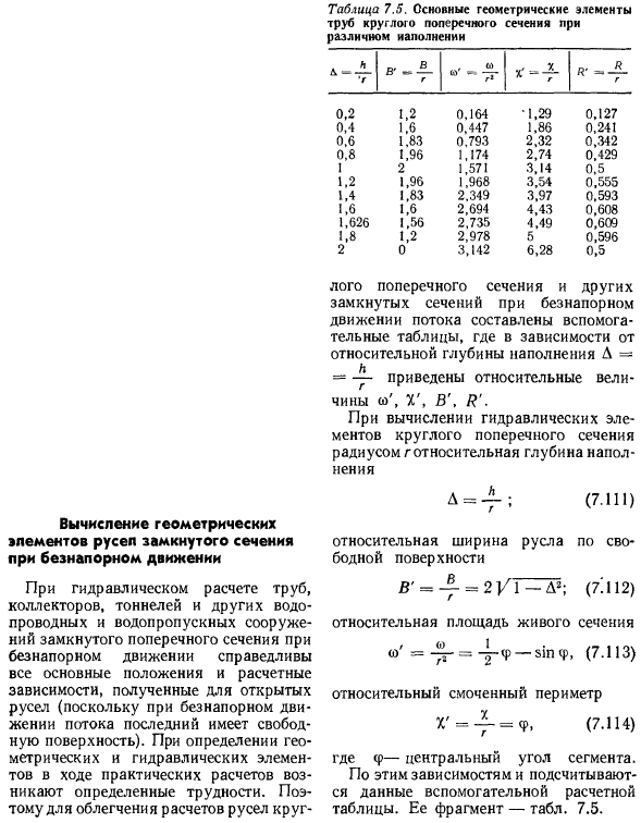 Вычисление геометрических элементов русел замкнутого сечения при безнапорном движении