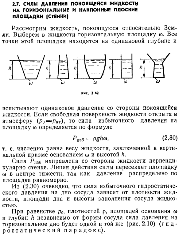 Силы давления покоящейся жидкости на горизонтальные и наклонные плоские площадки (стенки)