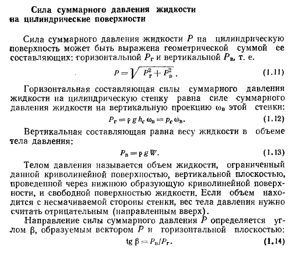 Сила суммарного давления жидкости
на цилиндрические поверхности