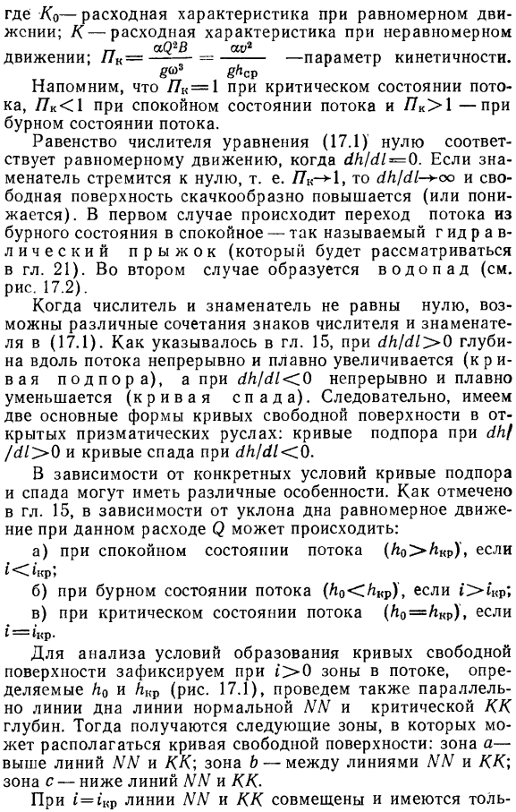 Формы свободной поверхности потока в открытых призматических руслах с прямым уклоном дна.