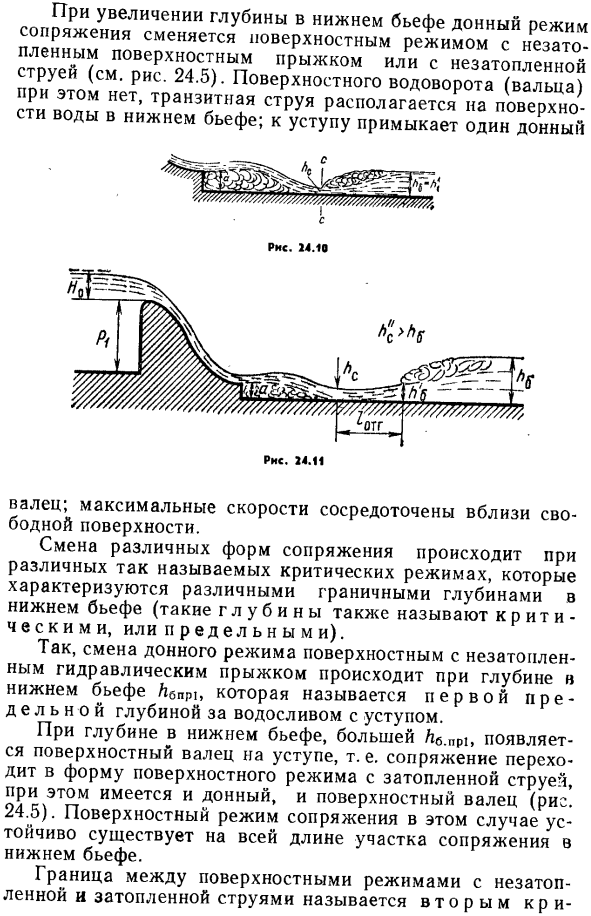 Поверхностный режим сопряжения с потоком в нижнем бьефе за водосливами с вертикальным уступом.