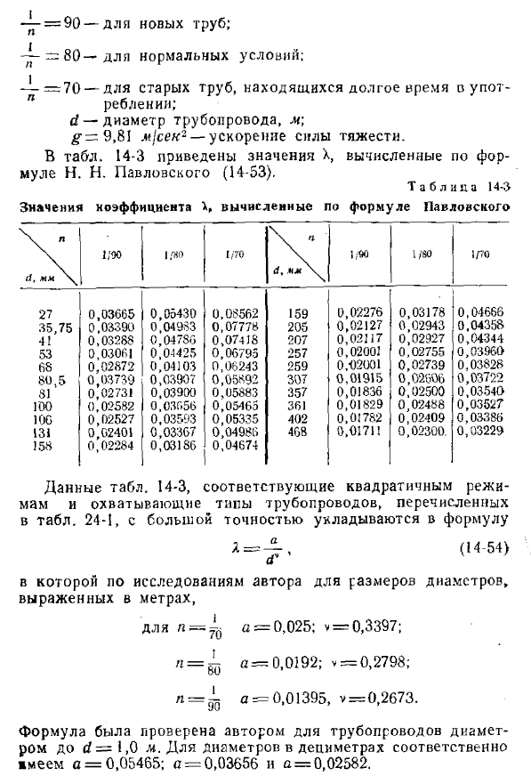 Некоторые другие эмпирические формулы и опытные данные для определения коэффициента в турбулентном движении при квадратичном режиме