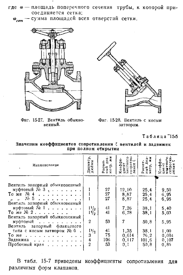 Коэффициенты сопротивлений запорных приспособлений, клапанов и других устройств