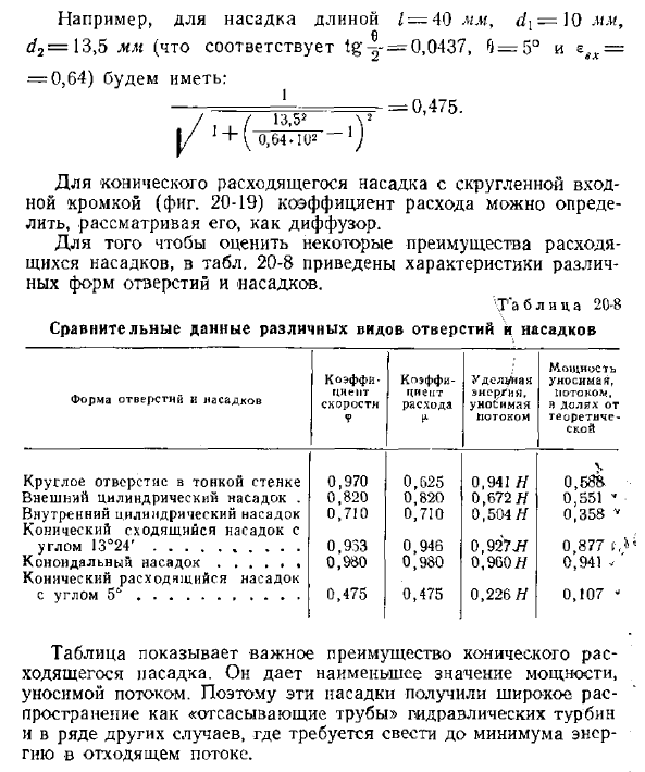 Истечение жидкости через конический расходящийся насадок