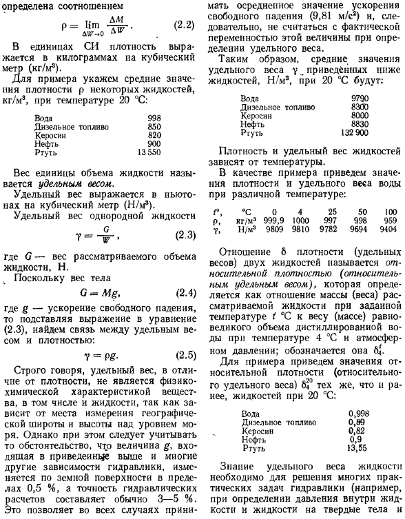 Плотность и удельный вес жидкостей