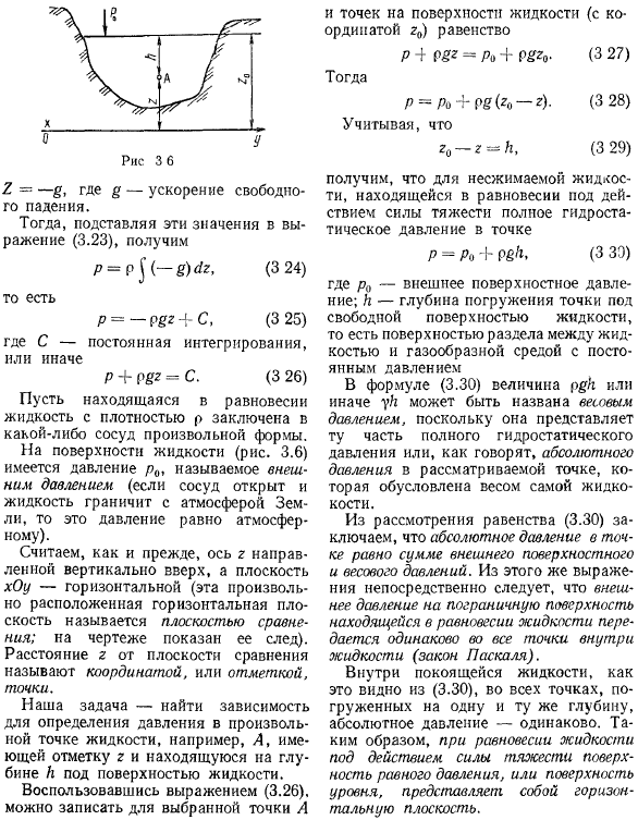 Равновесие жидкости под действием силы тяжести. Давление в точке покоящейся жидкости