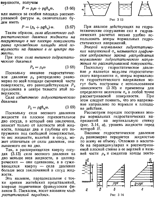 Сила гидростатического давления на плоские поверхности. Эпюры нормальных напряжений