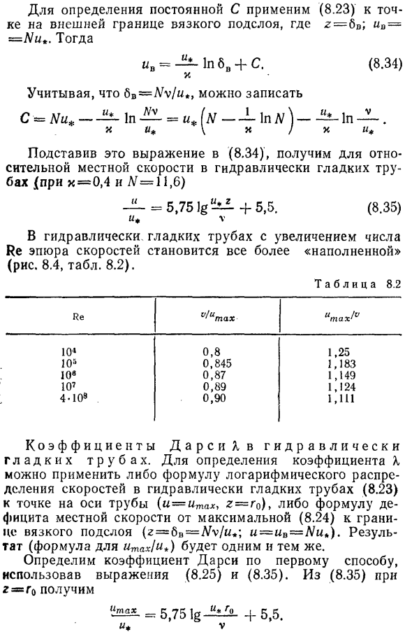 Распределение осредненных скоростей и коэффициенты Дарси в гидравлически гладких трубах