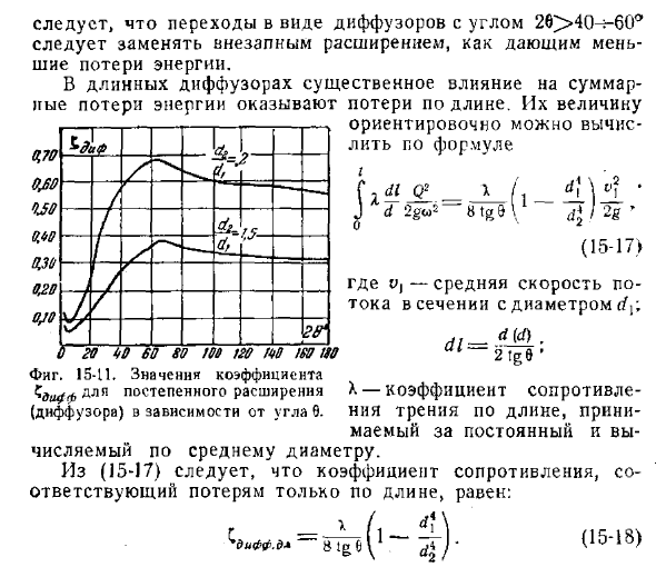 Потеря энергии при постепенном расширении потока (диффузор)