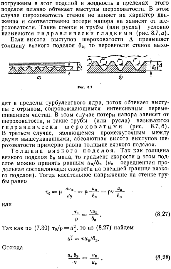 Гидравлически гладкие и шероховатые трубы (русла). Толщина вязкого подслоя