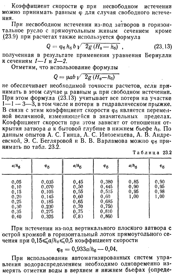 Несвободное истечение из-под затворов.