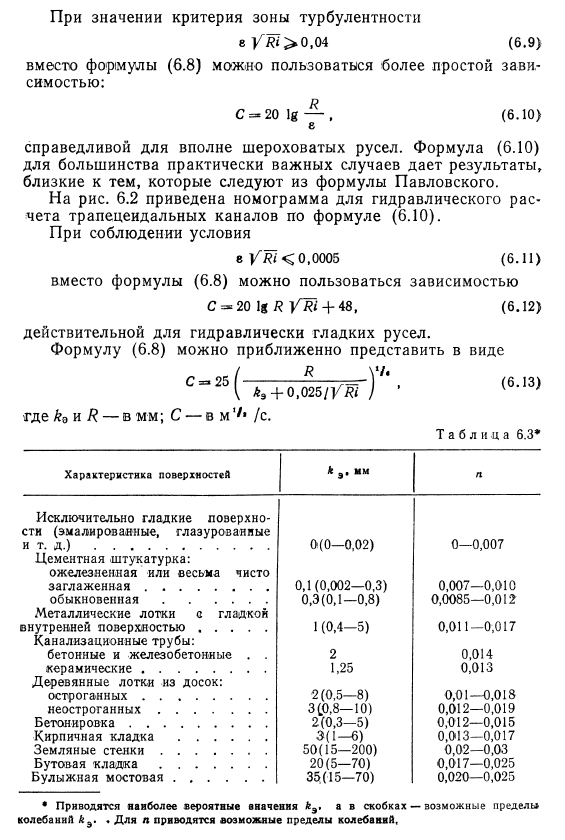  Формулы для определения коэффициента Шези