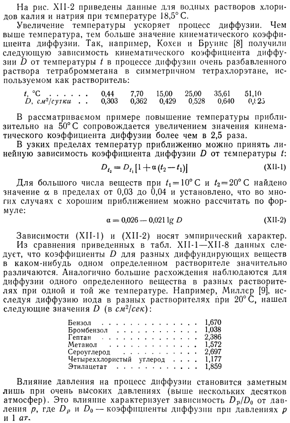 Результаты измерении кинематического коэффициента диффузии в жидкостях.