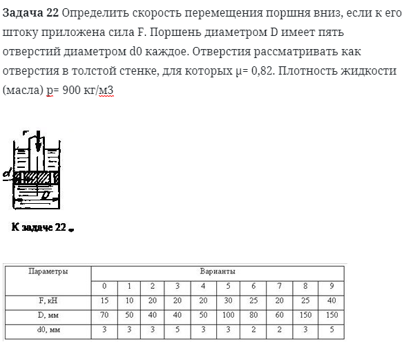 Задача 22 Определить скорость перемещения поршня вниз