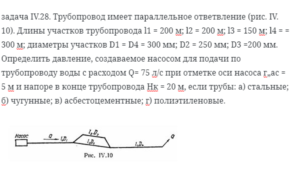 задача IV.28. Трубопровод имеет параллельное ответвление