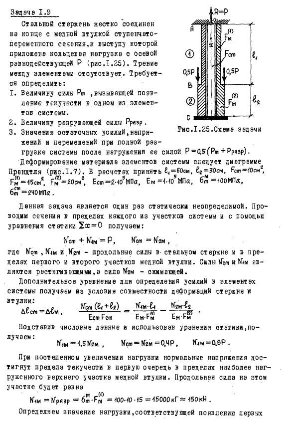 Задача 1.9 Стальной стержень жестко соединена с медной втулкой
