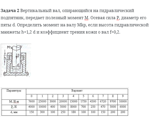 Задача 2 Вертикальный вал, опирающийся на гидравлический 