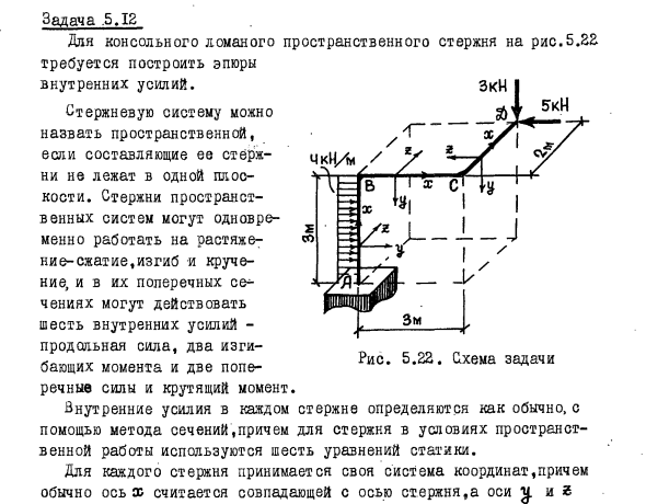 Задача 5.12 Для консольного ломаного пространственного стержня
