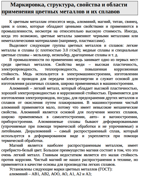 Маркировка, структура, свойства и области применения цветных металлов и их сплавов