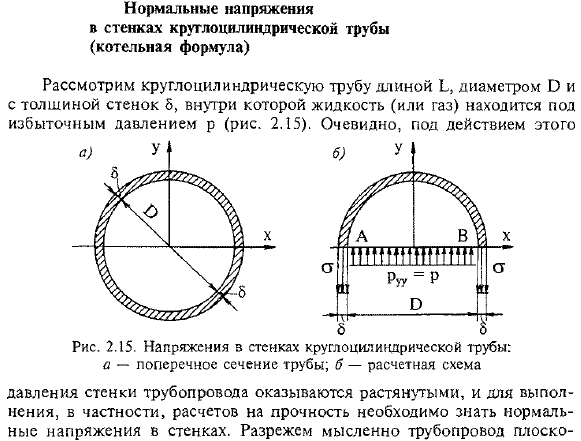 Нормальные напряжения в стенках круглоцилиндрической трубы (котельная формула)