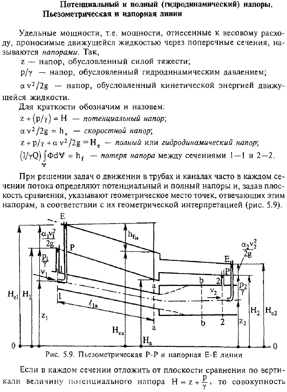 Потенциальный и полный (гидродинамический) напоры. Пьезометрическая и напорная линии