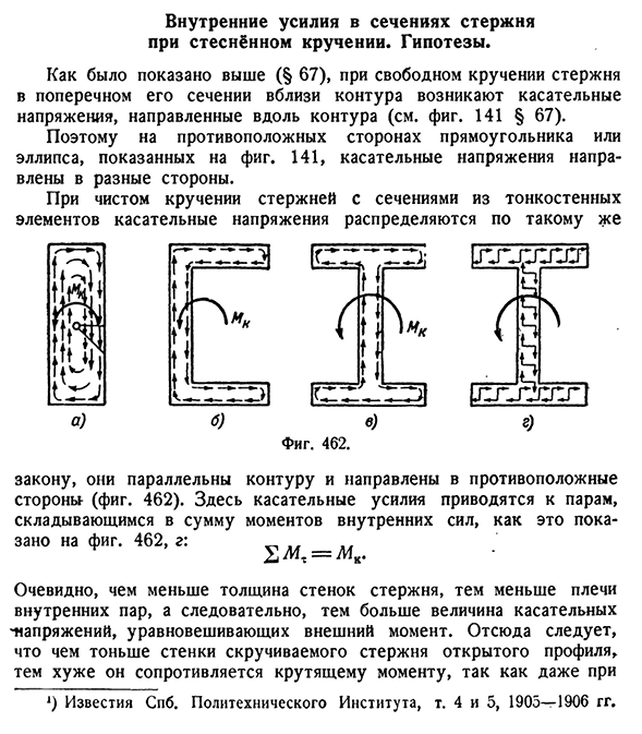 Внутренние усилия в сечениях стержня при стеснённом кручении. Гипотезы