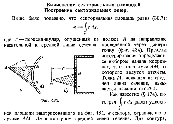 Вычисление секториальных площадей.
Построение секториальных эпюр