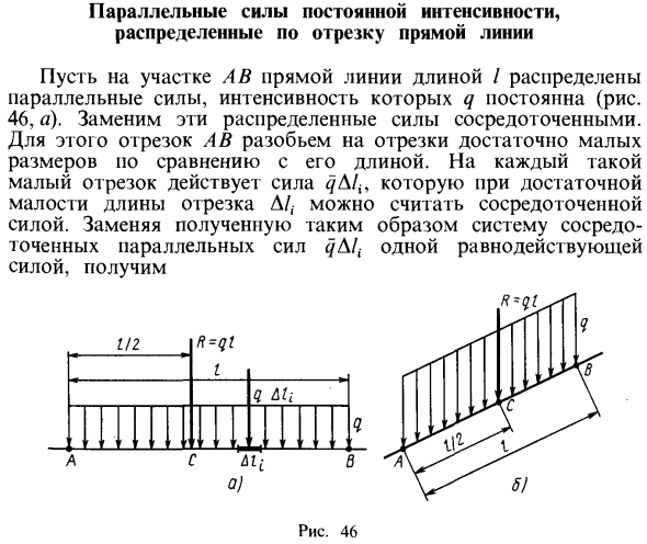 Параллельные силы постоянной интенсивности, распределенные по отрезку прямой линии