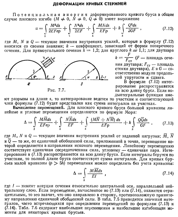 Деформации кривых стержней