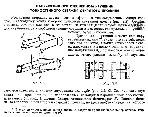 Напряжения при стесненном кручении тонкостенного стержня открытого профиля