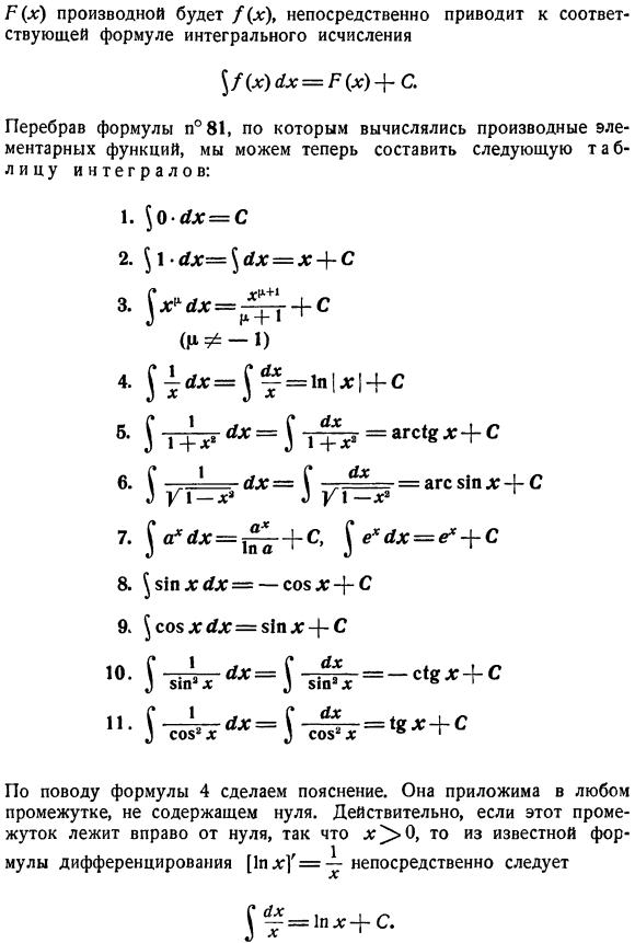 Таблица основных интегралов