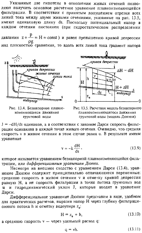 Плавноизмешпощееся безнапорное движение грунтовых вод. Дифференциальное уравнение Дюпюи