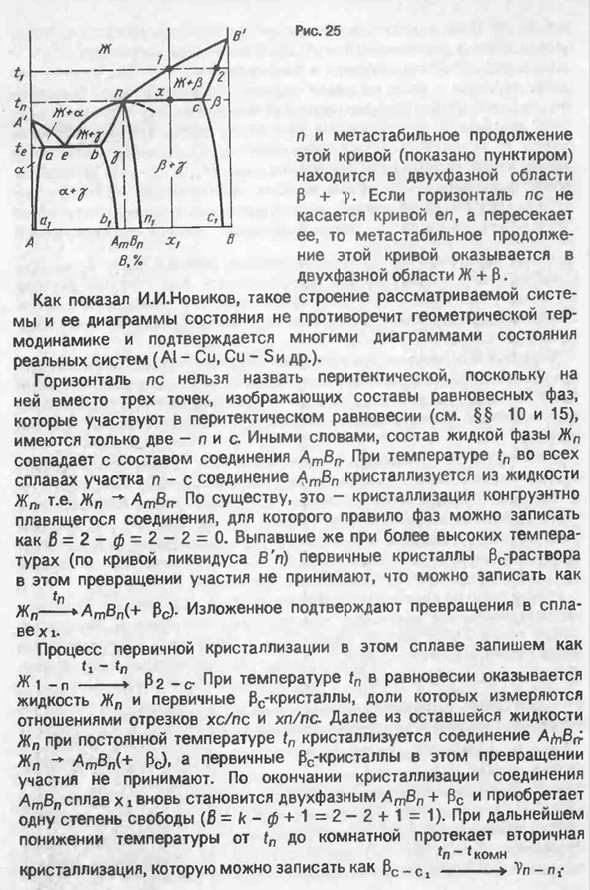 Диаграмма состояния системы с промежуточной фазой, плавящейся конгруэнтно в промежуточной точке