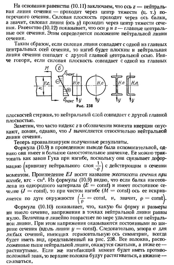 Нормальные напряжения при плоском изгибе прямого стержня