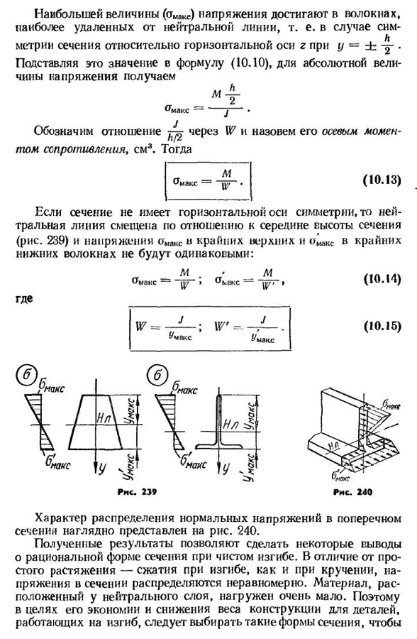 Нормальные напряжения при плоском изгибе прямого стержня