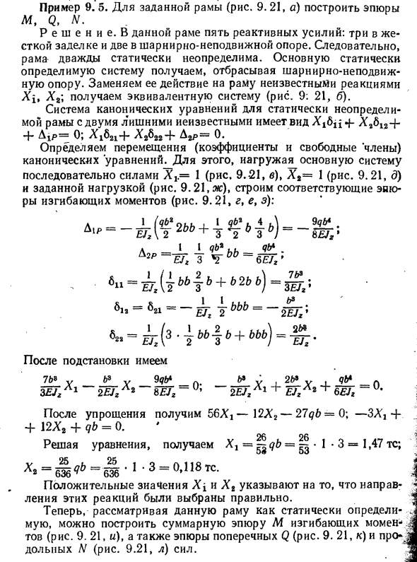 Задача 9.5. Для заданной рамы (рис. 9.21, а) построить эпюры
