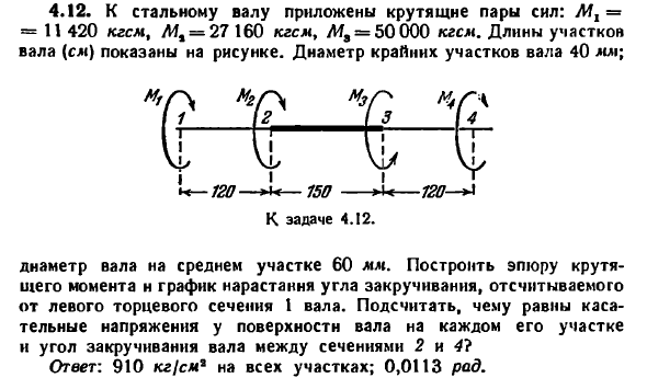 Задача 4.12. К стальному валу приложены крутящие пары
