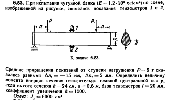 Задача 6.53. При испытании чугунной балки
