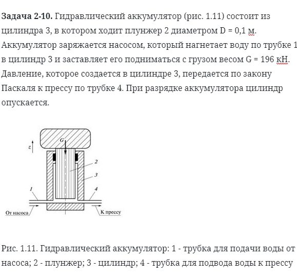 Задача 2-10. Гидравлический аккумулятор состоит