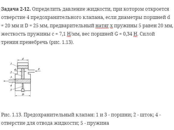 Задача 2-12. Определить давление жидкости, при котором откроется