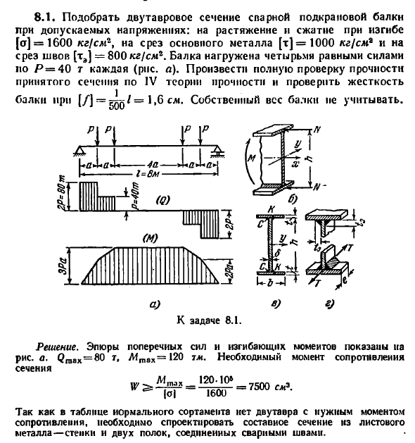 Задача 8.1. Подобрать двутавровое сечение сварной

