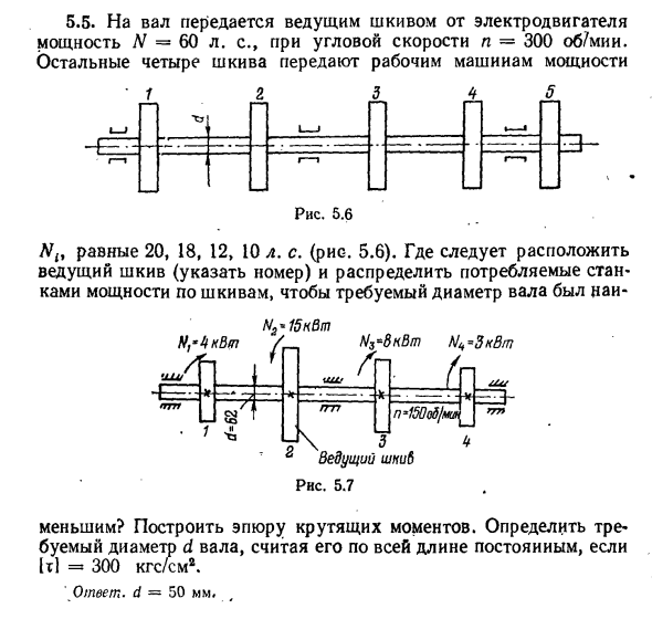 Задача 5.5. На вал передается ведущим шкивом
