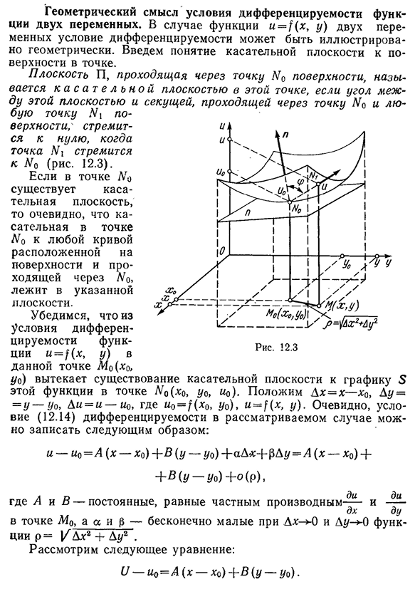 Геометрический смысл условия дифференцируемости функции двух переменных.