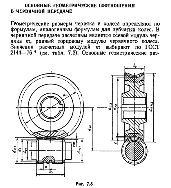 Основные геометрические соотношения в червячной передаче