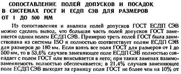 Сопоставление полей допусков и посадок в системах ГОСТ и ЕСДП СЭВ для размеров от 1 до 500 мм